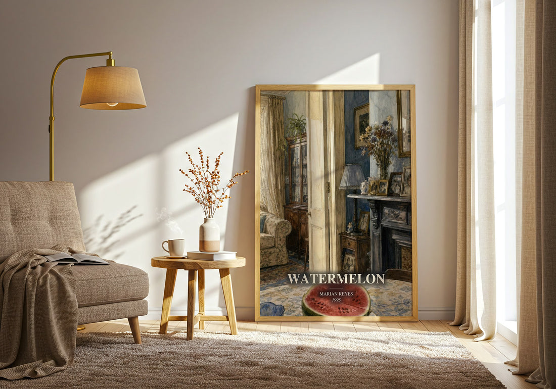 Watermelon watercolour print in frame leaning in hallway – contemporary fiction wall art (mockup)