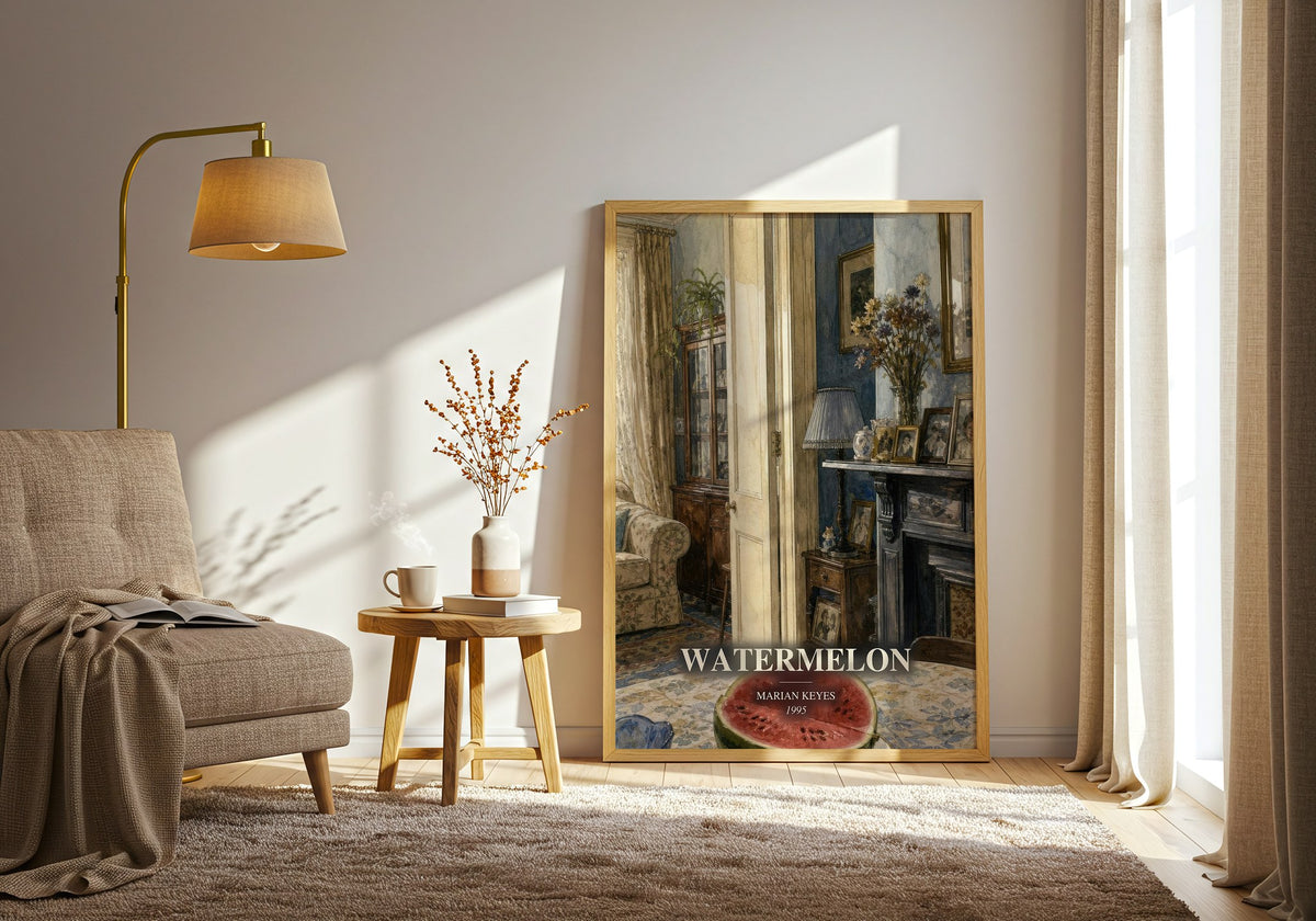Watermelon watercolour print in frame leaning in hallway – contemporary fiction wall art (mockup)