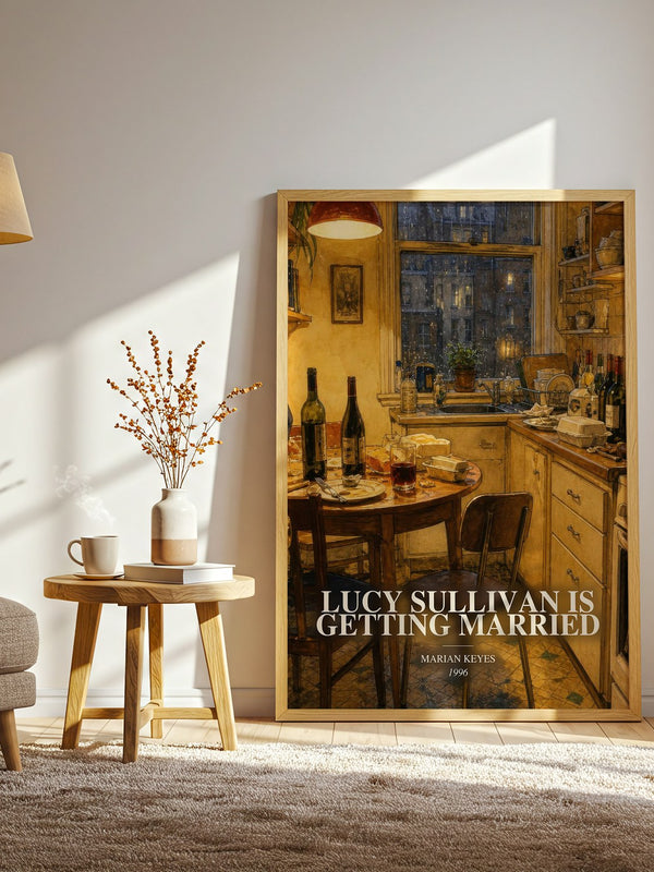 Lucy Sullivan Is Getting Married watercolour print in frame leaning in hallway – contemporary fiction wall art