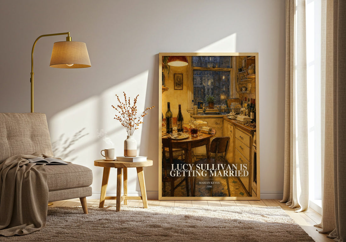 Lucy Sullivan Is Getting Married watercolour print in frame leaning in hallway – contemporary fiction wall art (mockup)