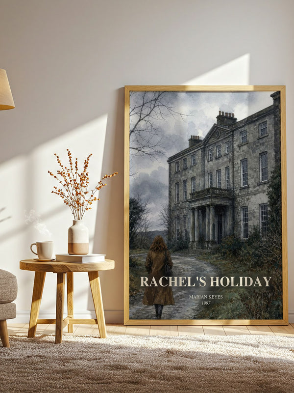 Rachel's Holiday watercolour print in frame leaning in hallway – contemporary fiction wall art