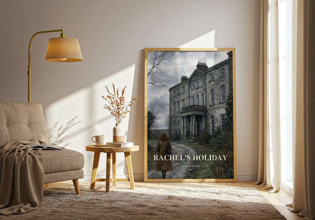 Rachel's Holiday watercolour print in frame leaning in hallway – contemporary fiction wall art (mockup)
