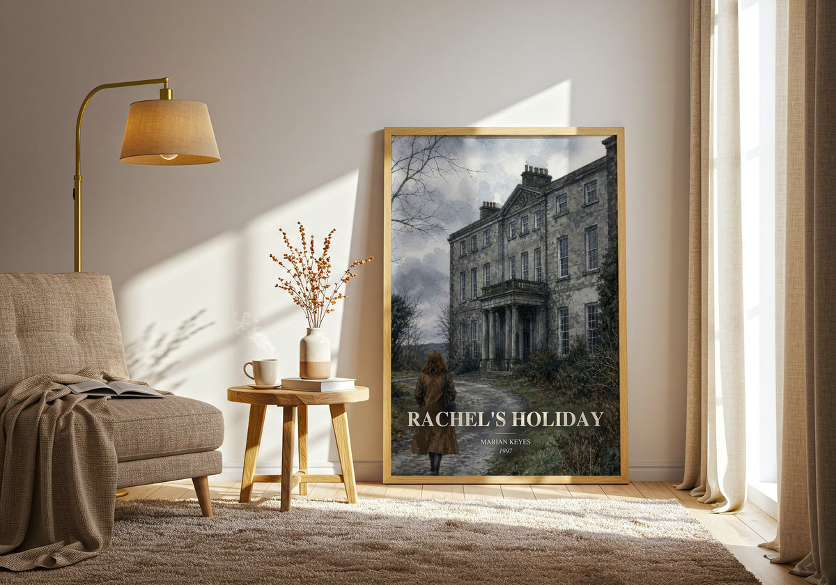Rachel's Holiday watercolour print in frame leaning in hallway – contemporary fiction wall art (mockup)