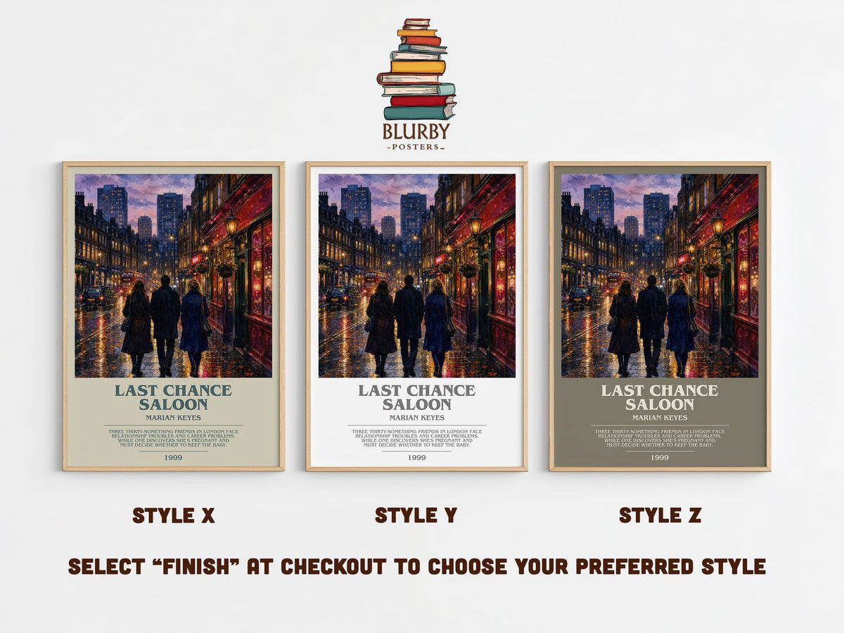 Last Chance Saloon bookish print in frame leaning in hallway – contemporary fiction wall art (mockup)