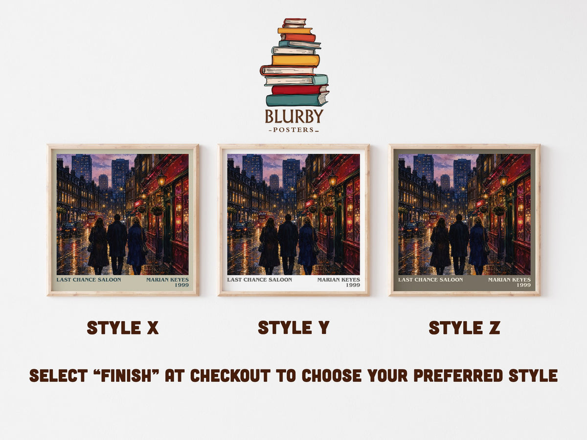 Last Chance Saloon literary print in frame leaning in hallway – contemporary fiction wall art (mockup)