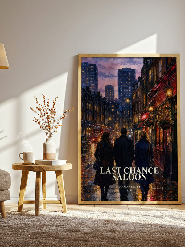 Last Chance Saloon watercolour print in frame leaning in hallway – contemporary fiction wall art