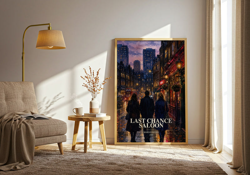 Last Chance Saloon watercolour print in frame leaning in hallway – contemporary fiction wall art