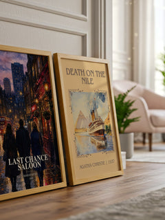 Last Chance Saloon watercolour print framed by window – literary home decor