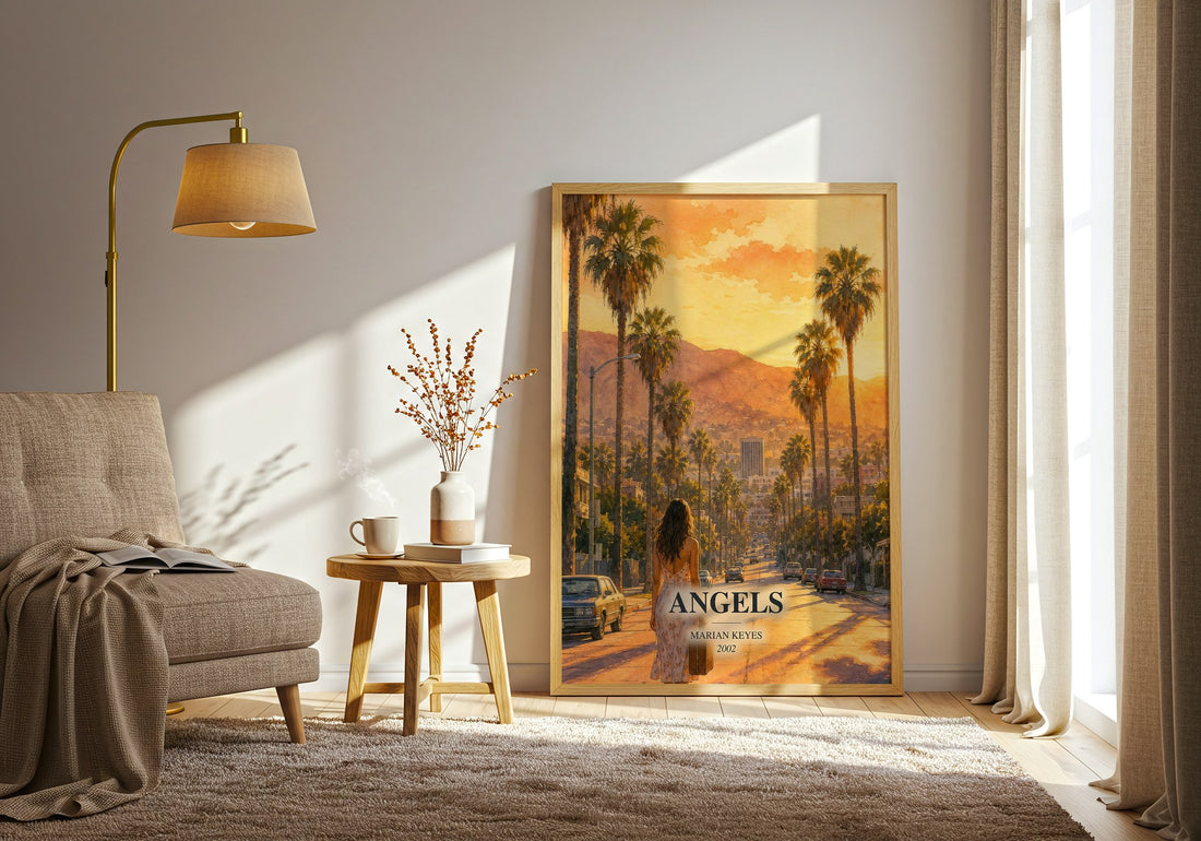 Angels watercolour print in frame leaning in hallway – contemporary fiction wall art (mockup)