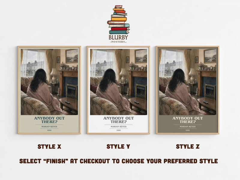 Anybody Out There? book cover print in frame leaning in hallway – contemporary fiction wall art
