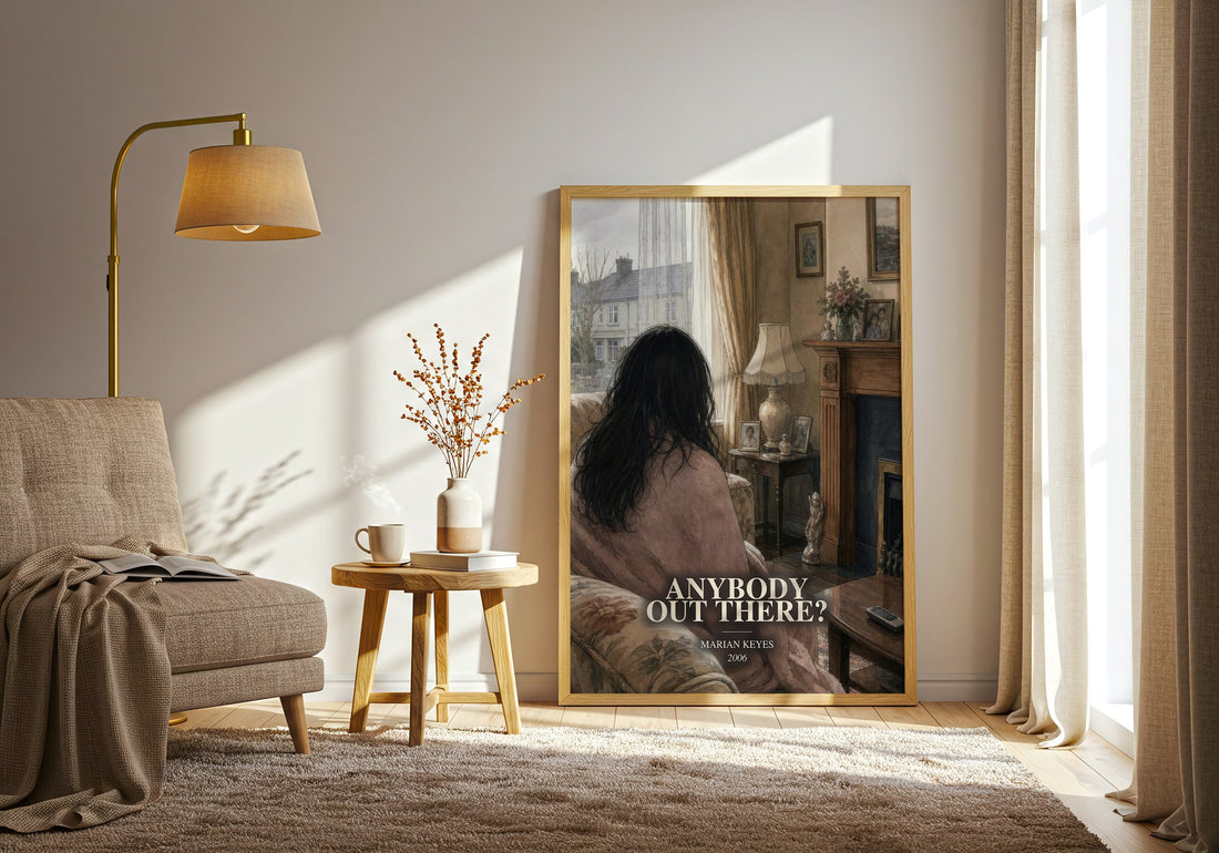 Anybody Out There? watercolour print in frame leaning in hallway – contemporary fiction wall art (mockup)