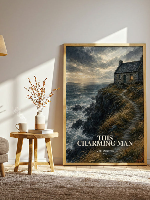 This Charming Man watercolour print in frame leaning in hallway – contemporary fiction wall art