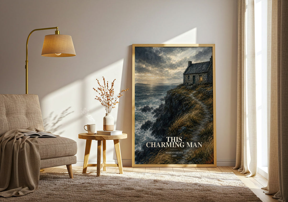This Charming Man watercolour print in frame leaning in hallway – contemporary fiction wall art (mockup)