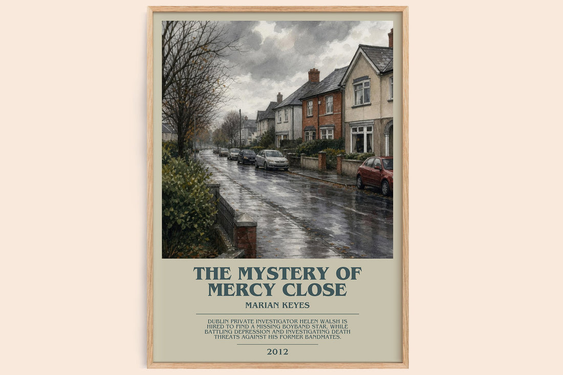 The Mystery of Mercy Close bookish book poster by Marian Keyes – framed literary art print