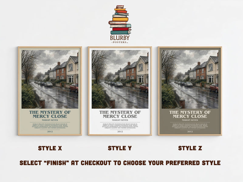 The Mystery of Mercy Close bookish print in frame leaning in hallway – contemporary fiction wall art