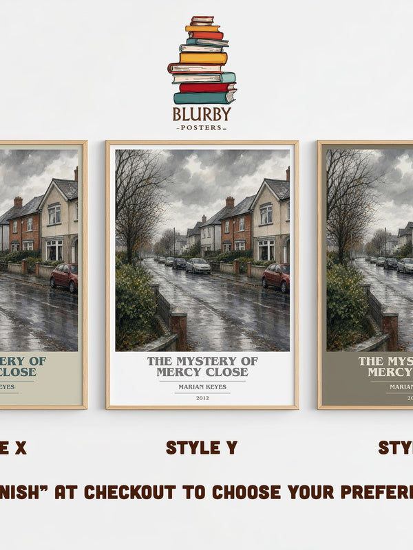 The Mystery of Mercy Close book cover print in frame leaning in hallway – contemporary fiction wall art