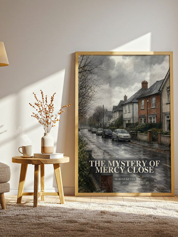 The Mystery of Mercy Close watercolour print in frame leaning in hallway – contemporary fiction wall art