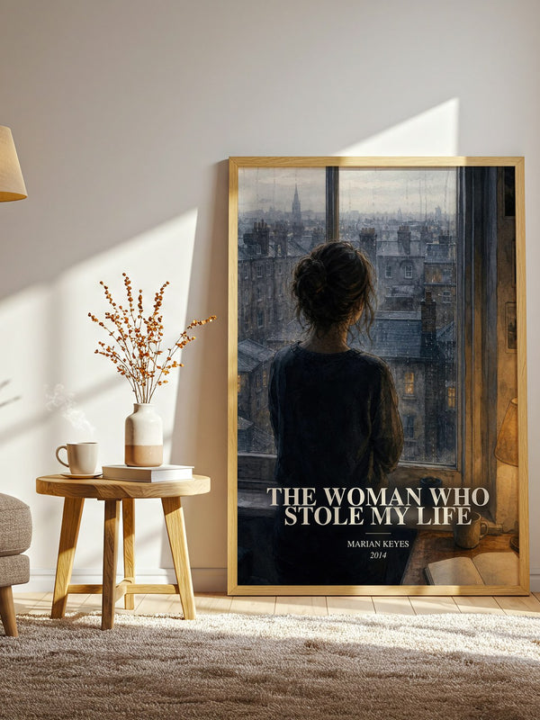 The Woman Who Stole My Life watercolour print in frame leaning in hallway – contemporary fiction wall art