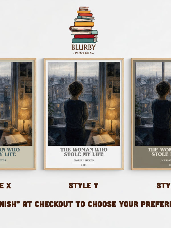 The Woman Who Stole My Life book cover print in frame leaning in hallway – contemporary fiction wall art