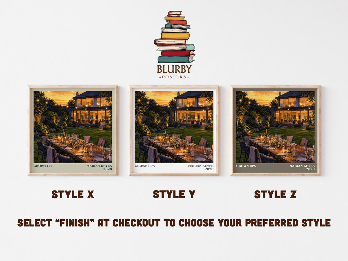Grown Ups literary print in frame leaning in hallway – contemporary fiction wall art (mockup)