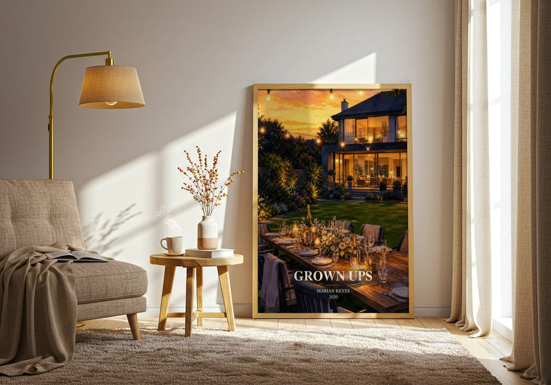 Grown Ups watercolour print in frame leaning in hallway – contemporary fiction wall art