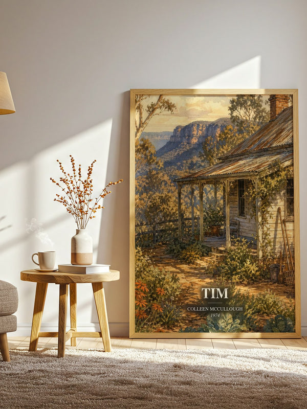 Tim watercolour print in frame leaning in hallway – literary fiction wall art