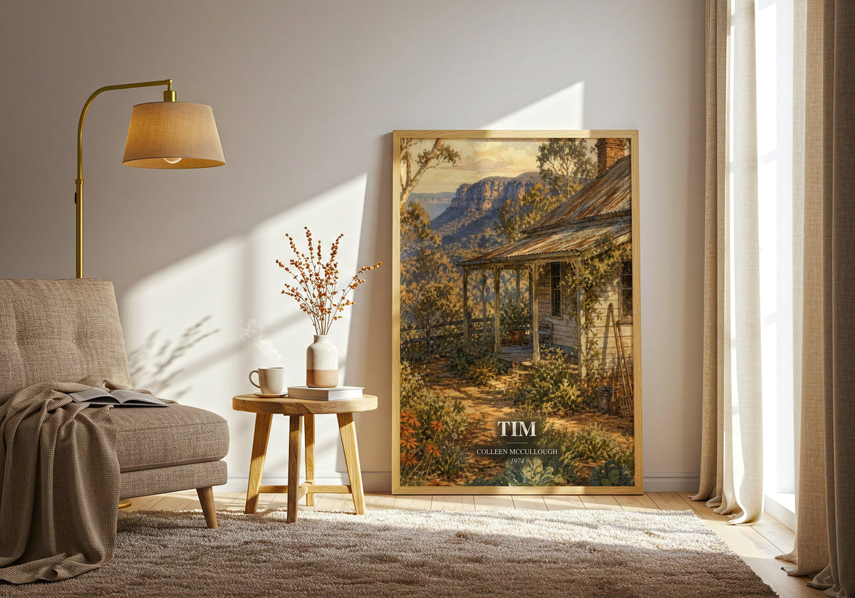 Tim watercolour print in frame leaning in hallway – literary fiction wall art (mockup)