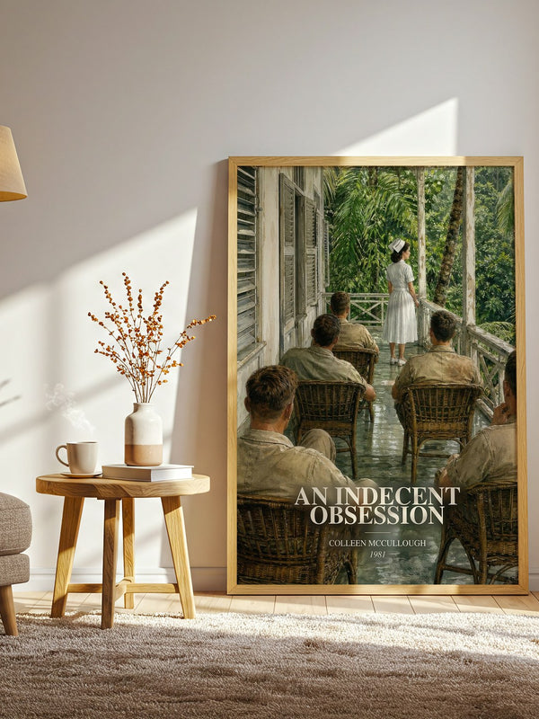 An Indecent Obsession watercolour print in frame leaning in hallway – literary fiction wall art