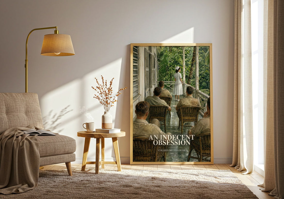 An Indecent Obsession watercolour print in frame leaning in hallway – literary fiction wall art (mockup)