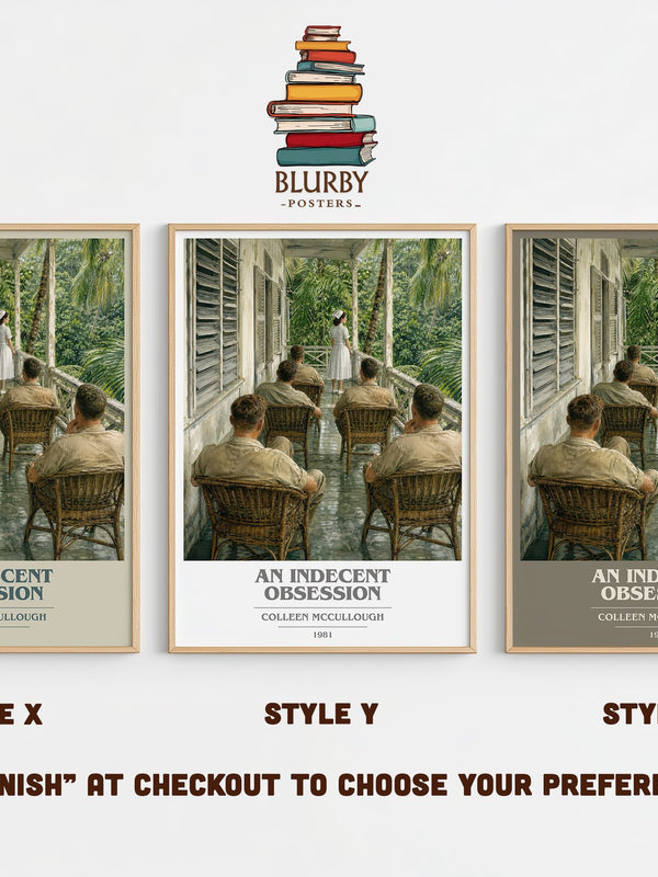 An Indecent Obsession book cover print in frame leaning in hallway – literary fiction wall art