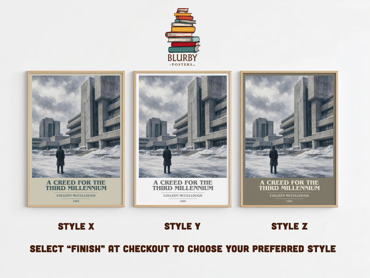 A Creed for the Third Millennium book cover print in frame leaning in hallway – dystopian wall art (mockup)