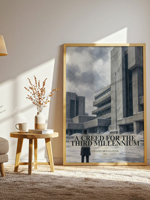 A Creed for the Third Millennium watercolour print in frame leaning in hallway – dystopian wall art
