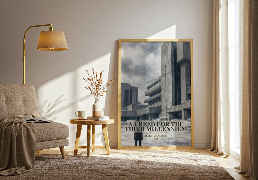 A Creed for the Third Millennium watercolour print in frame leaning in hallway – dystopian wall art (mockup)