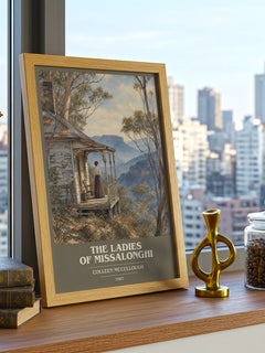 The Ladies of Missalonghi Book Cover Poster by Colleen McCullough – framed print on a city-view windowsill