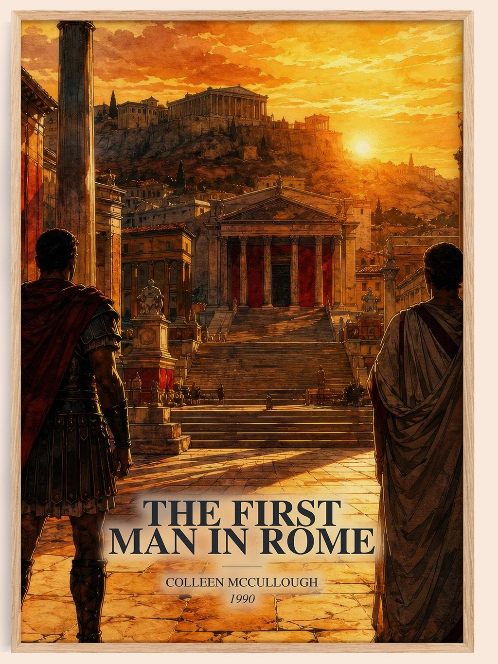 The First Man in Rome watercolour book poster by Colleen McCullough – framed literary art print
