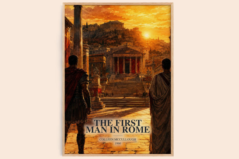 The First Man in Rome watercolour book poster by Colleen McCullough – framed literary art print