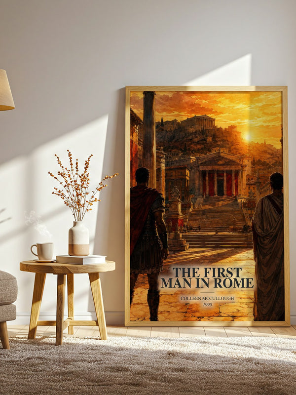 The First Man in Rome watercolour print in frame leaning in hallway – historical fiction wall art