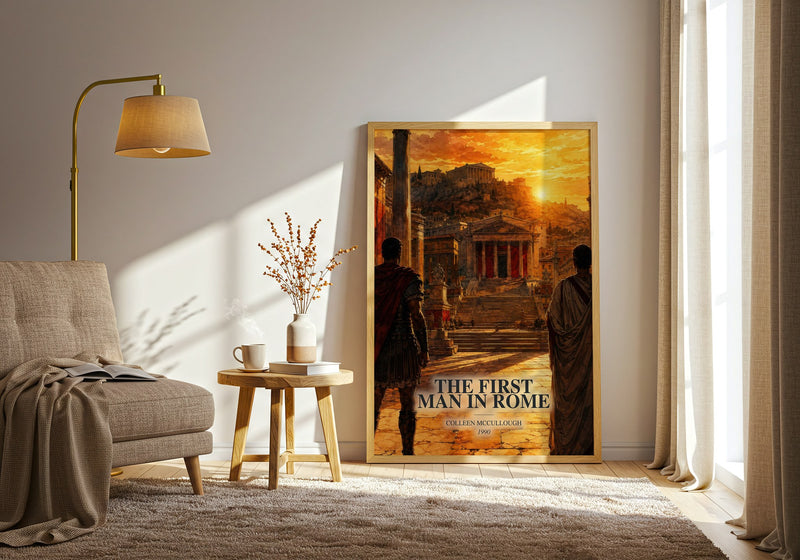 The First Man in Rome watercolour print in frame leaning in hallway – historical fiction wall art