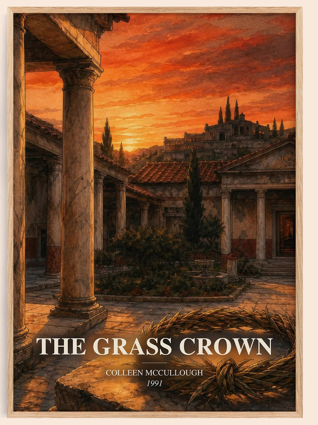 The Grass Crown watercolour book poster by Colleen McCullough – framed literary art print