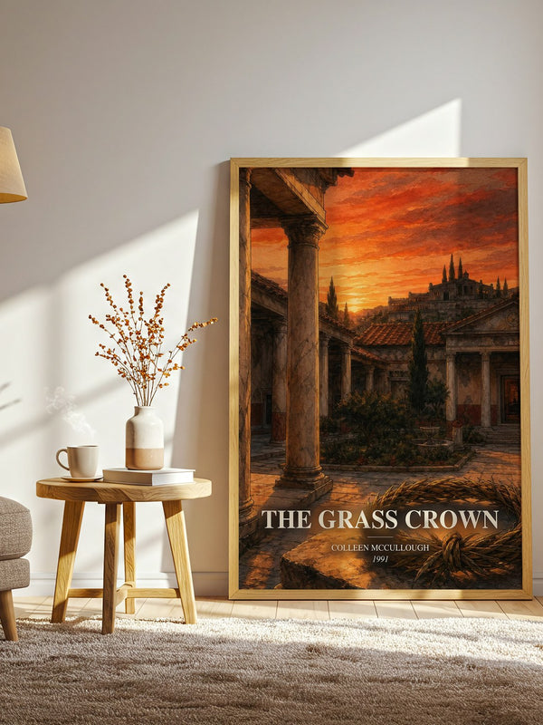 The Grass Crown watercolour print in frame leaning in hallway – historical fiction wall art