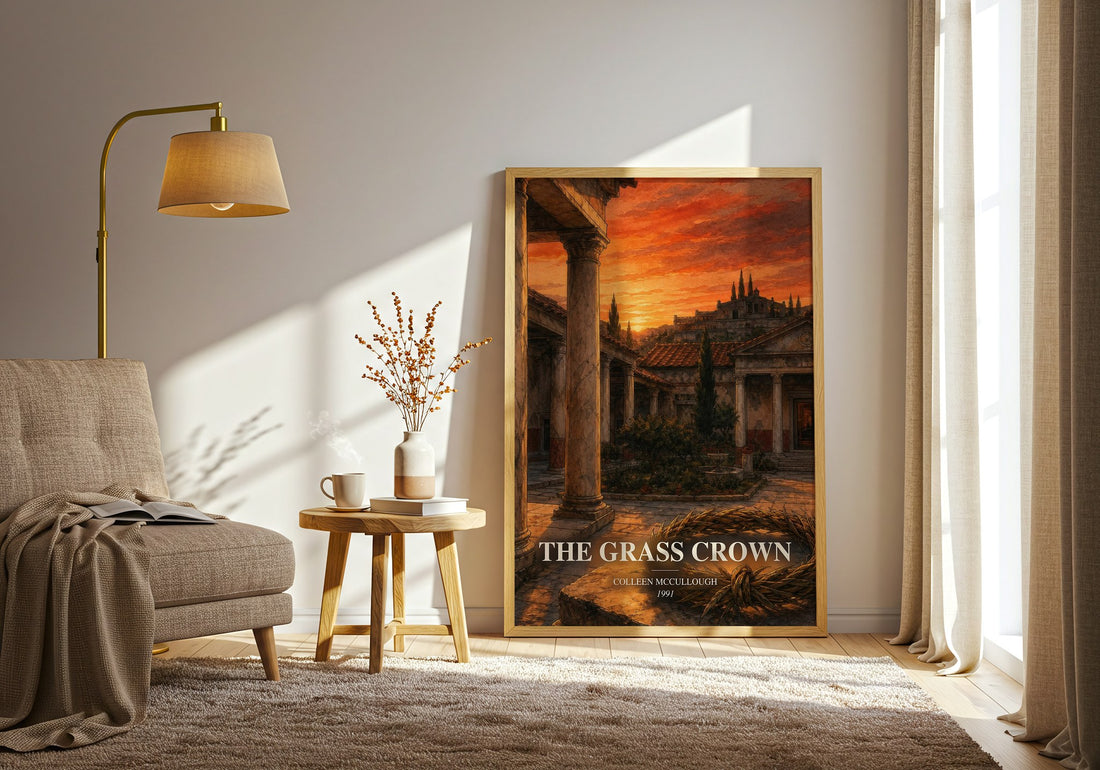 The Grass Crown watercolour print in frame leaning in hallway – historical fiction wall art (mockup)