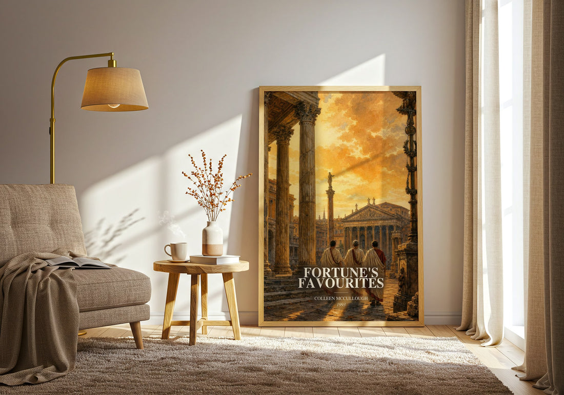Fortune's Favourites watercolour print in frame leaning in hallway – historical fiction wall art (mockup)