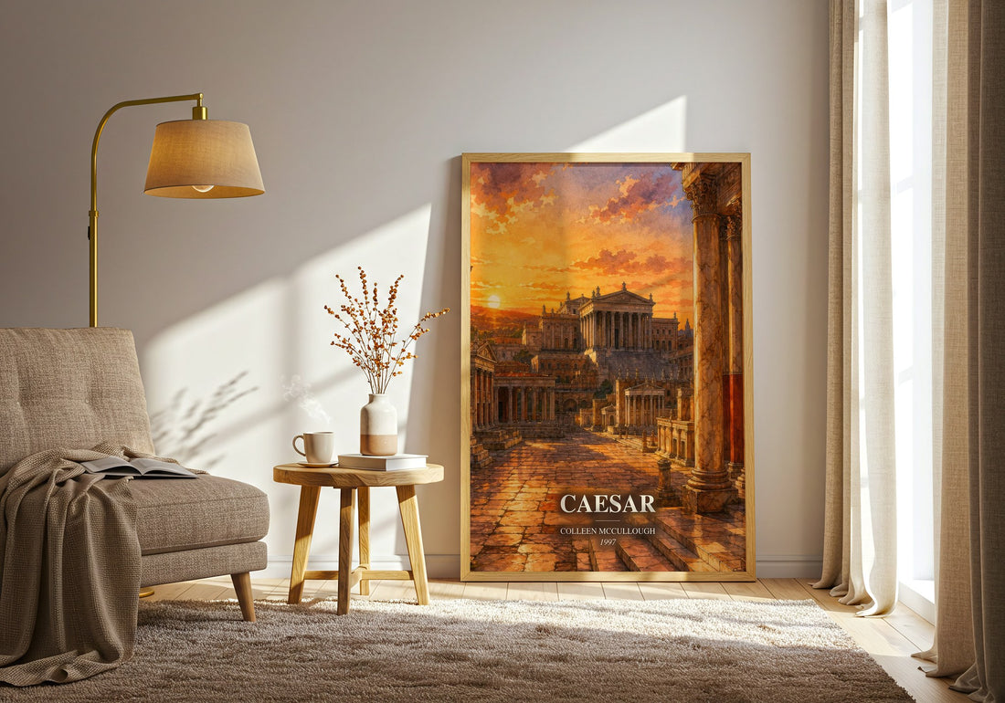 Caesar watercolour print in frame leaning in hallway – historical fiction wall art (mockup)