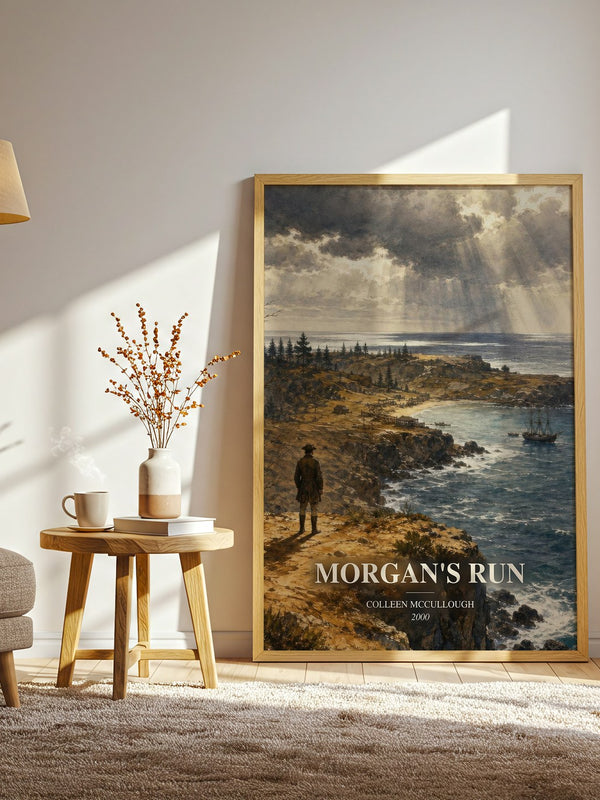 Morgan's Run watercolour print in frame leaning in hallway – historical fiction wall art