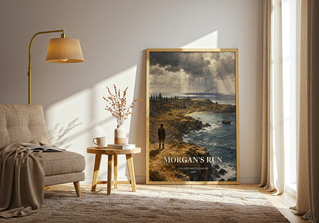 Morgan's Run watercolour print in frame leaning in hallway – historical fiction wall art (mockup)
