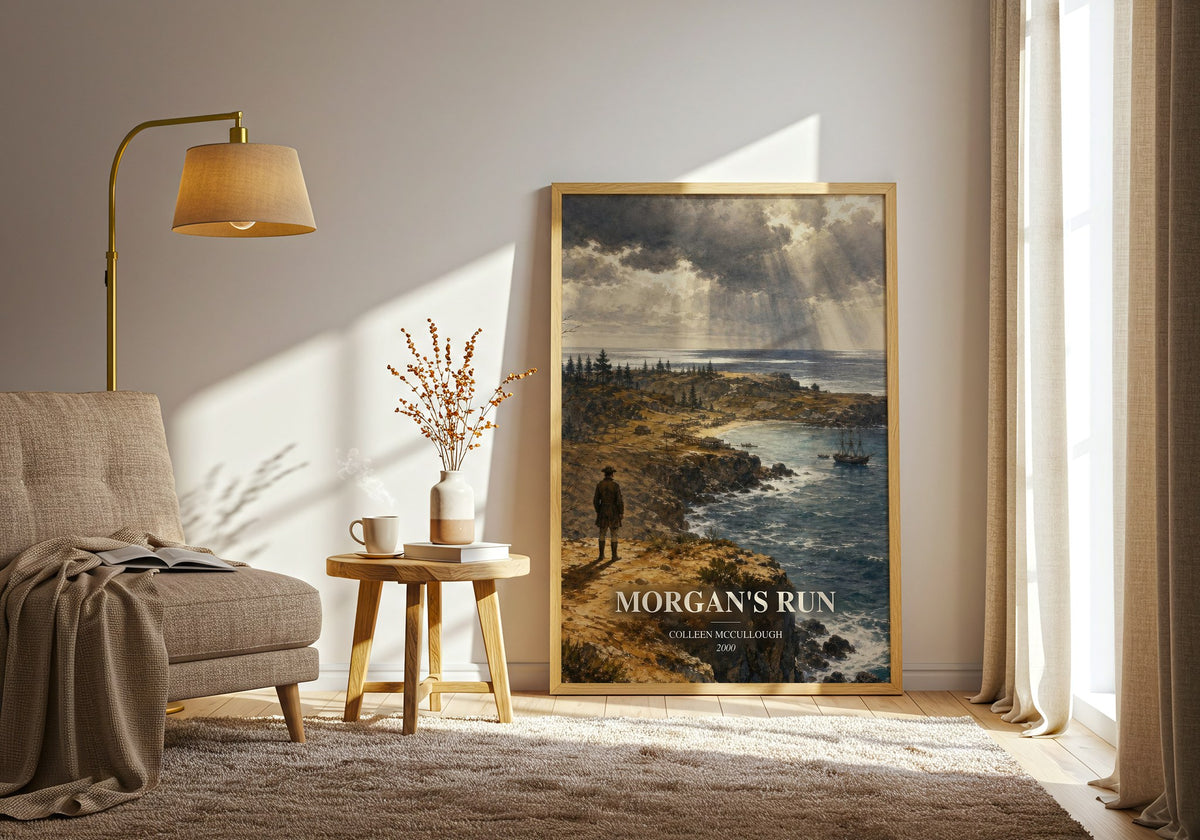 Morgan's Run watercolour print in frame leaning in hallway – historical fiction wall art (mockup)