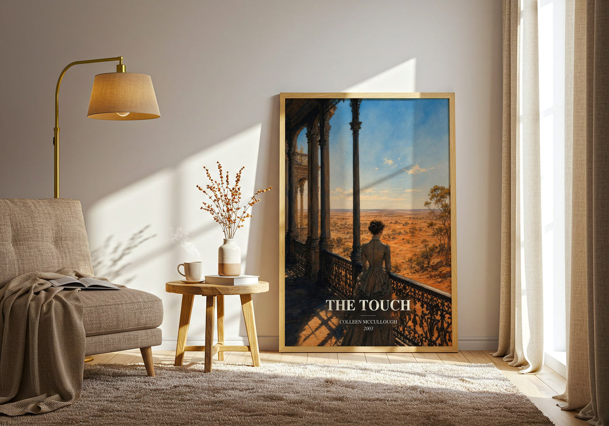 The Touch watercolour print in frame leaning in hallway – literary fiction wall art (mockup)