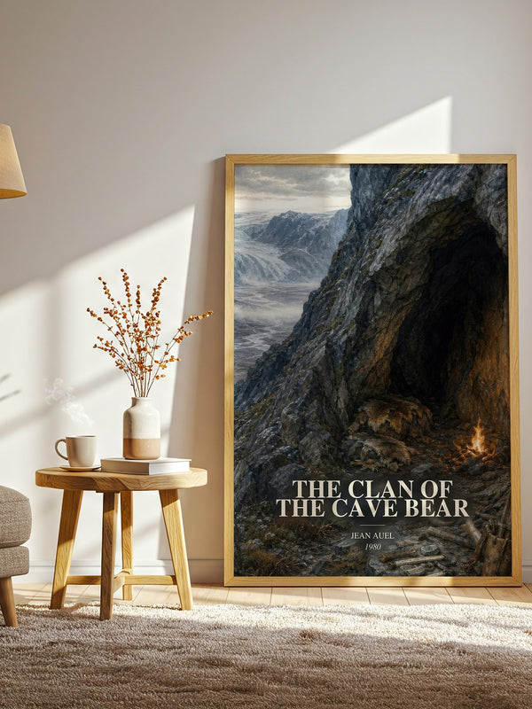The Clan of the Cave Bear watercolour print in frame leaning in hallway – historical fiction wall art