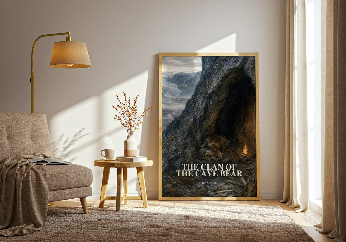 The Clan of the Cave Bear watercolour print in frame leaning in hallway – historical fiction wall art (mockup)