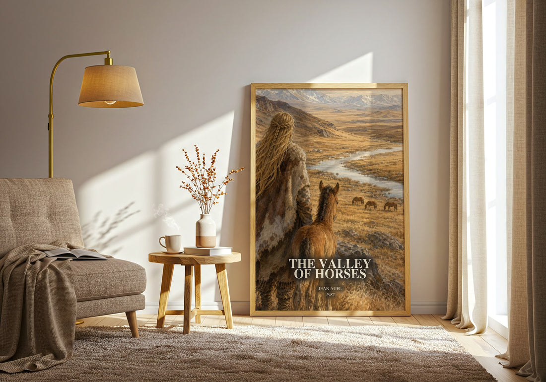 The Valley of Horses watercolour print in frame leaning in hallway – historical fiction wall art (mockup)